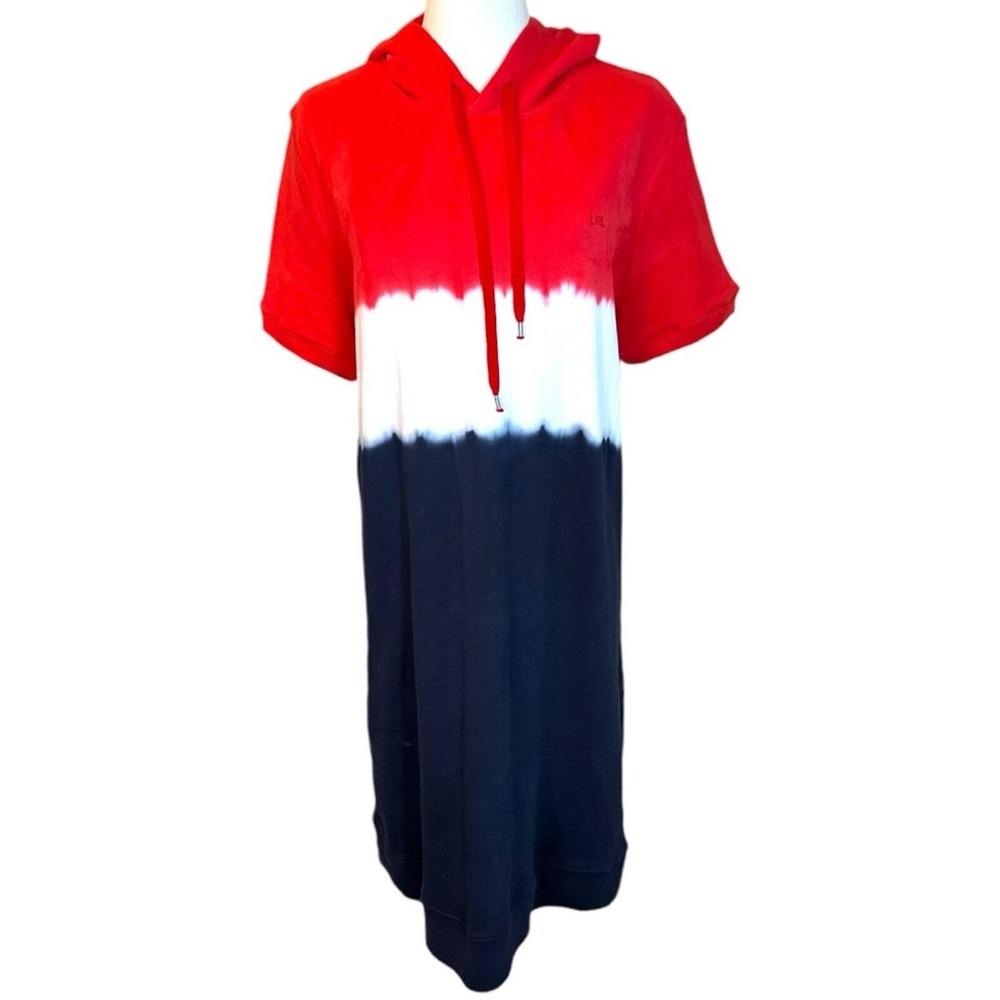 Lauren Ralph Lauren Hoodie Dress NWOT SZ LGE Red White Navy Blue Tie Dye Sporty - Picture 3 of 16